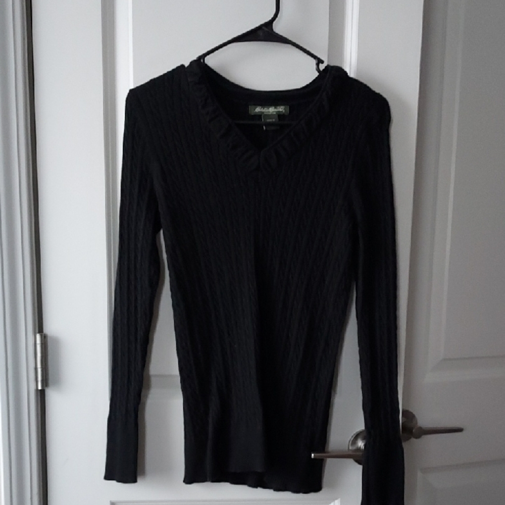Eddie Bauer Black Cable Knit V-Neck Sweater Large
